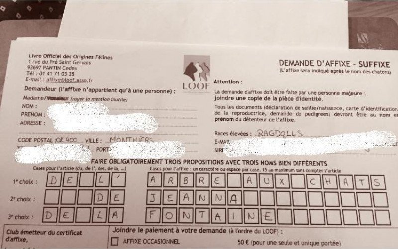 formulaire de demande d'affixe au LOOF